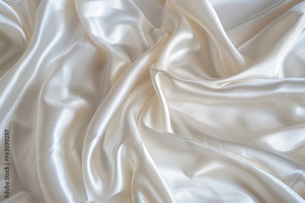Poster Close-up view of white fabric with slight curl at top, elegant and soft appearance. Fabric possibly made of silk or satin material, folded in half. Blurred background draws focus to fabric details.