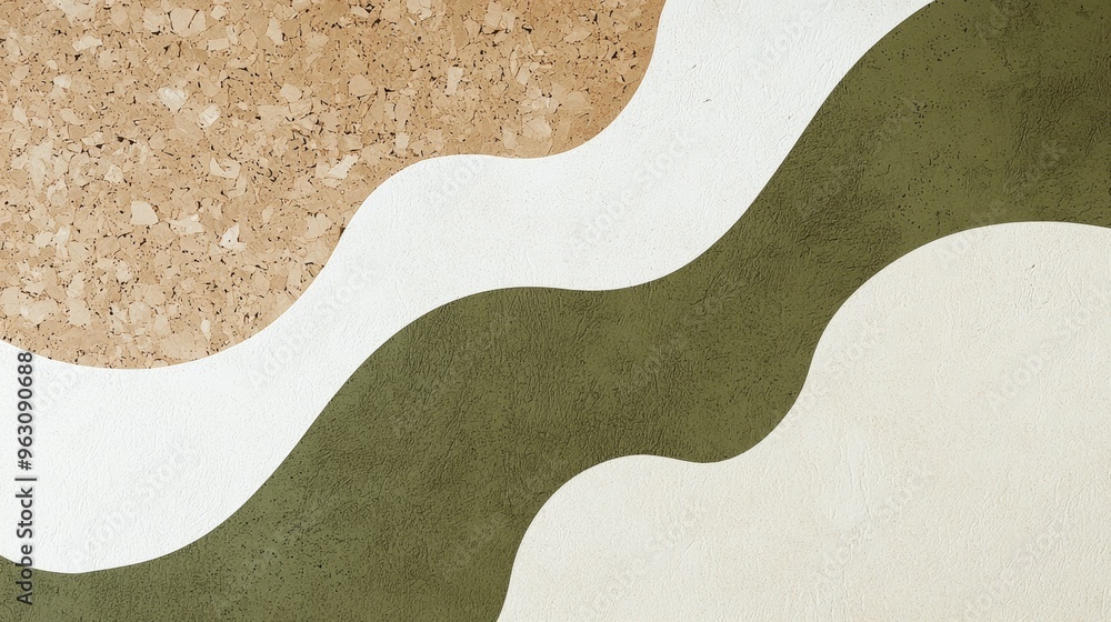 Poster abstract background featuring a modern and minimalist design of wavy shapes in green. white. and a n