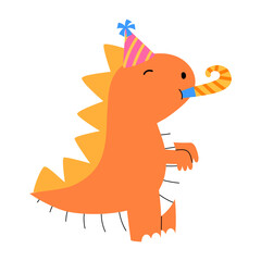 cute orange dinosaur wearing pink party hat and blowing party horn illustration