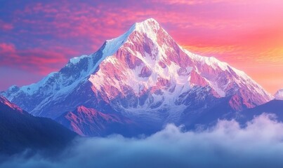 Obraz premium Majestic Himalayan Sunrise: Breathtaking Panorama of Snow-Capped Peaks and Vibrant Sky over Lush Green Hills. AI-Generated 4K Wallpaper for Nature Lovers, Adventure Tourism, and Seasonal Marketing Cam