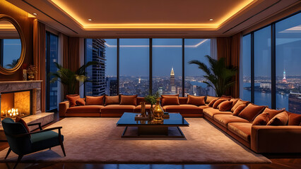 Modern Luxury Apartment Interior with Night City Skyline View