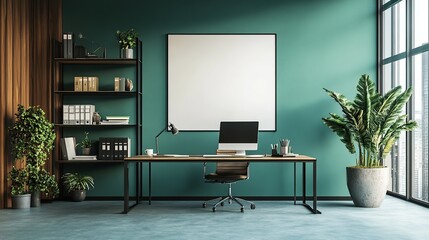Contemporary Office Space with Desk and Green Plants
