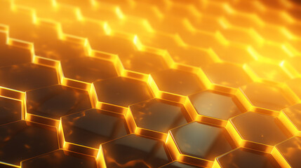 Fototapeta premium Yellow hexagon background. Close-up a surface made up of hexagonal shapes, honeycomb pattern, metallic. Luminous and glowing. Warm light. Geometric, tessellation. Modern and futuristic design.