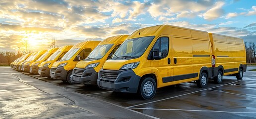 A row of yellow delivery vans parked in a lot at sunset. The vans are all facing the same direction and are lined up in a neat row.