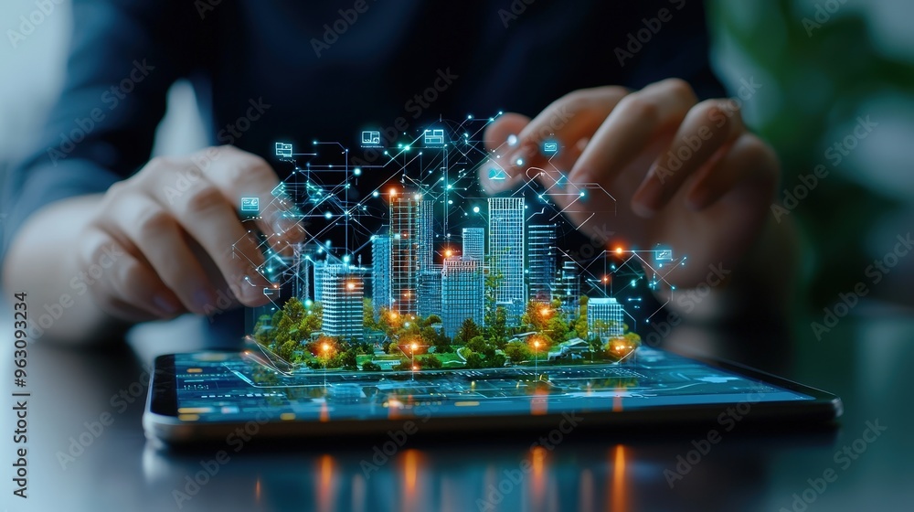 Poster depiction of a person using an augmented reality app to visualize a product before buying it online