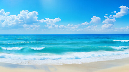 Tranquil Beachscape: A panoramic view of the serene ocean, with gentle waves lapping against the pristine white sand. The azure sky, adorned with fluffy white clouds.