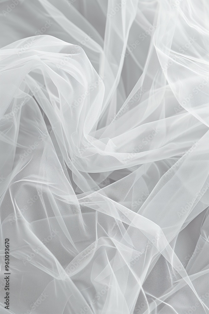 Poster Close-up view of white fabric with subtle sheen, soft and delicate texture. Fabric folded in half revealing intricate pattern of small lines and curves on gray background.