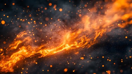 Intense fire streak, fierce orange flames, dynamic motion, glowing embers, swirling smoke, dark background, fiery explosion, sparks flying, heat energy, blazing inferno, abstract fire art.