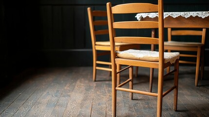 A rustic wooden chair in a charming dining space, showcasing a cozy atmosphere with warm tones and natural textures.