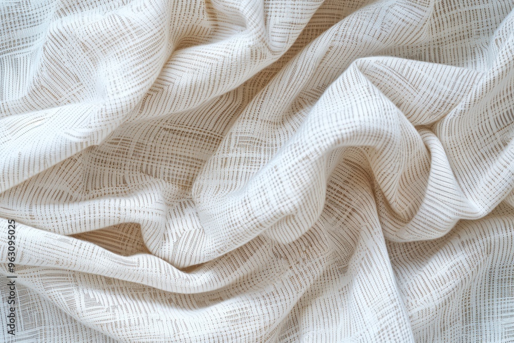 Aufkleber Close-up view of textured fabric with grid-like pattern in white, beige colors. Fabric appears smooth with subtle lines, patterns adding depth to design. Blurred background draws focus on fabric.
