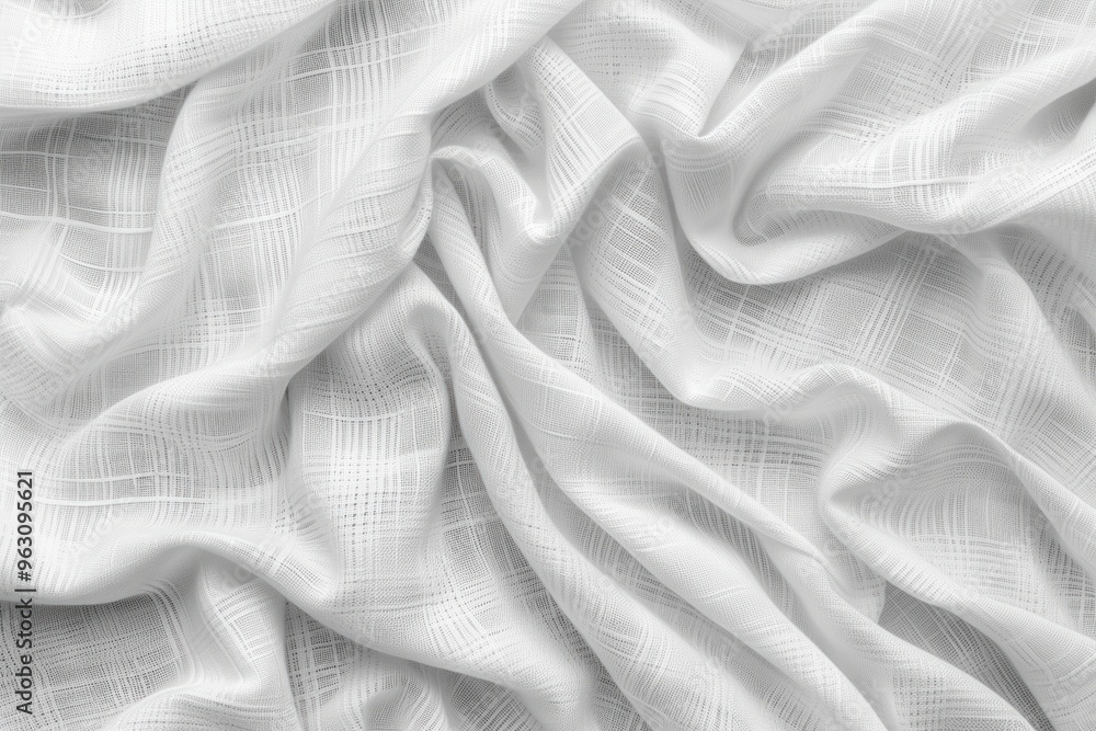 Poster close-up view of white fabric with subtle pattern, slightly wrinkled texture. fabric appears smooth,