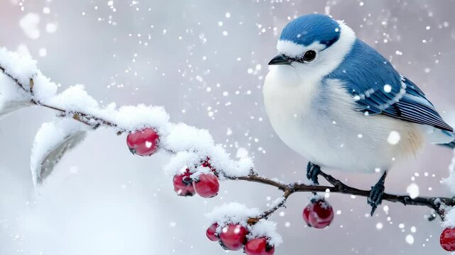 A blue and white bird perched on the snow-covered branch of a hawthorn tree.