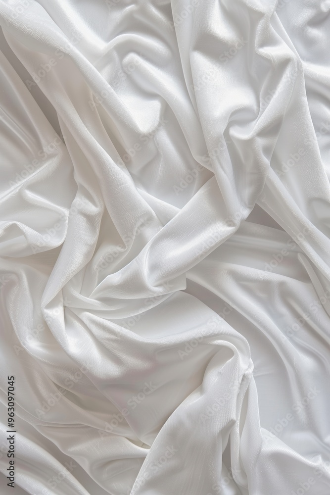 Aufkleber Close-up view of white fabric with crumpled texture, possibly sheet or curtain. Fabric has depth and texture with various folds. Blurred background focuses on fabric.
