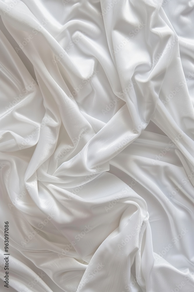 Poster Close-up view of crumpled white fabric with intricate pattern. Fabric possibly a sheet or curtain, background intentionally blurred. Texture adds depth to composition.