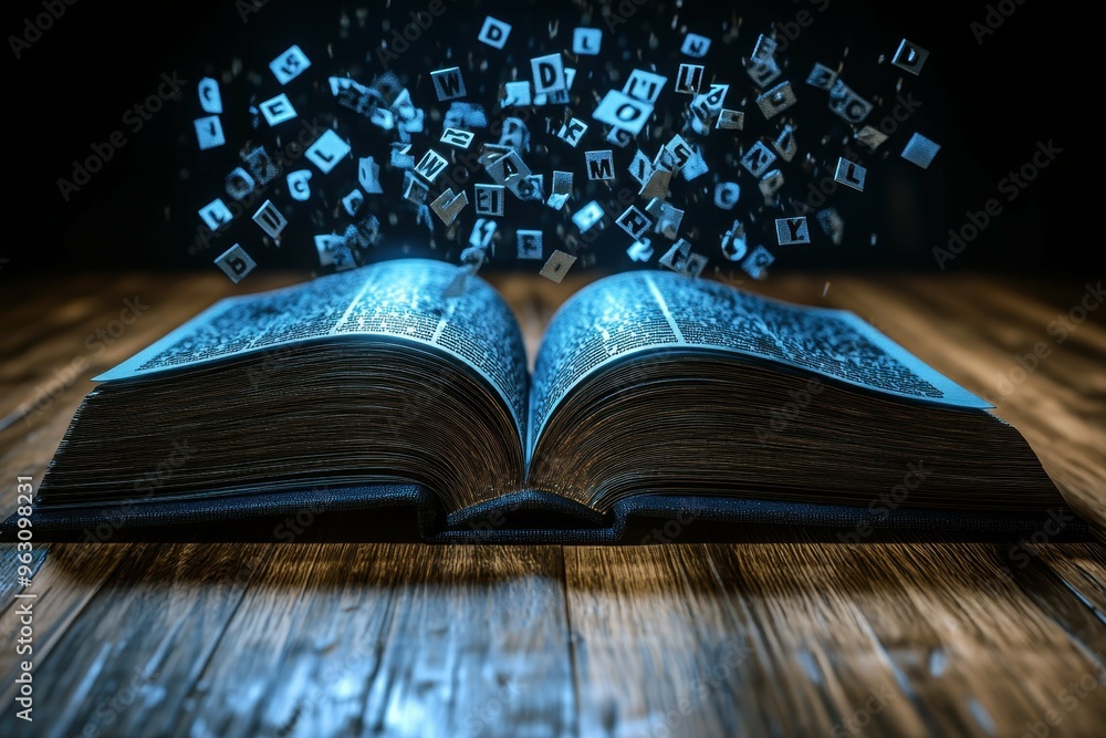 Poster a large open book with floating letters and numbers above, representing the foundational knowledge g