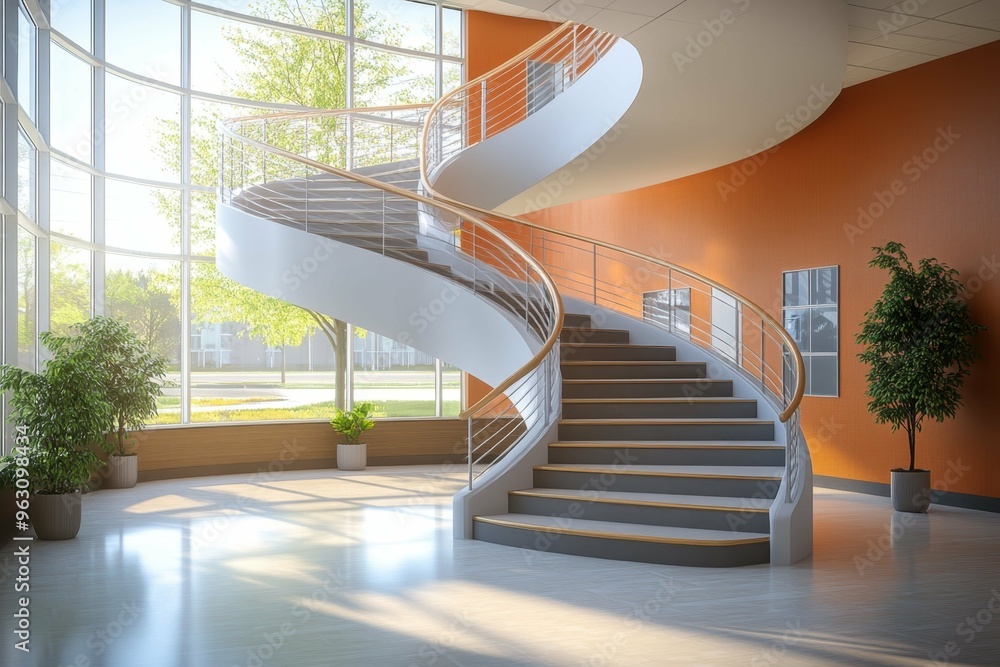 Poster a spiraling staircase in an open, airy building symbolizing the journey of learning in a charter sch