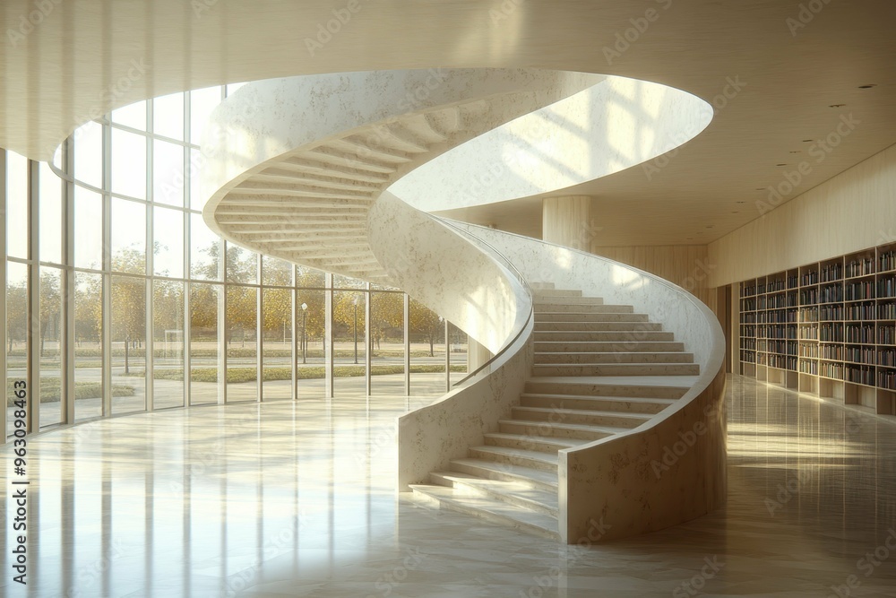 Poster a spiraling staircase in an open, airy building symbolizing the journey of learning in a charter sch