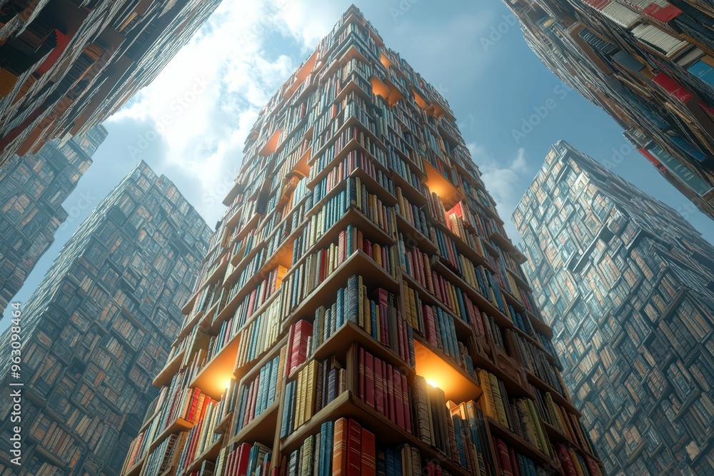 Poster a towering structure made of books with light streaming through the gaps, symbolizing the pursuit of
