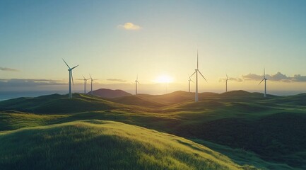 Fototapeta premium Wind turbines on a green hillside overlooking the ocean during sunset with soft clouds in the sky