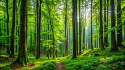 Fototapeta premium The dense forest canopy is alive with vibrant deep green foliage, as tall trees rise up towards the