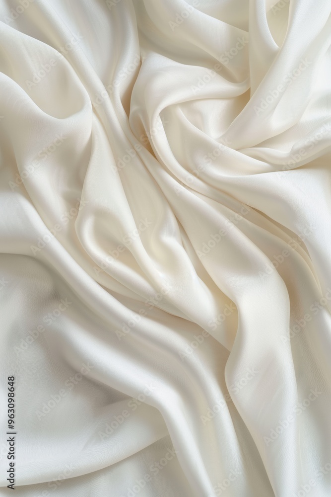Poster Close-up view of white fabric with subtle texture, folded to reveal intricate folds and creases. Fabric appears smooth, with a slightly rumpled surface. Light gray background provides contrast.