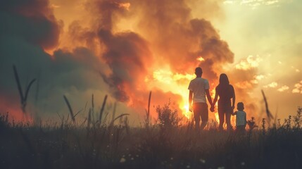 Fototapeta premium Family Stays Calm as Fire Approaches, Symbolizing Climate Change's Impact. Concept Climate Change, Family Resilience, Natural Disasters, Preparedness, Environmental Awareness 