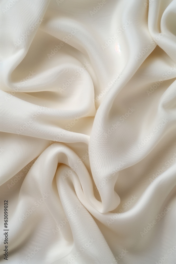 Aufkleber Close-up view of white fabric with soft flowing texture and smooth surface. Fabric is made from cotton silk. Blurred background highlights fabric intimacy.