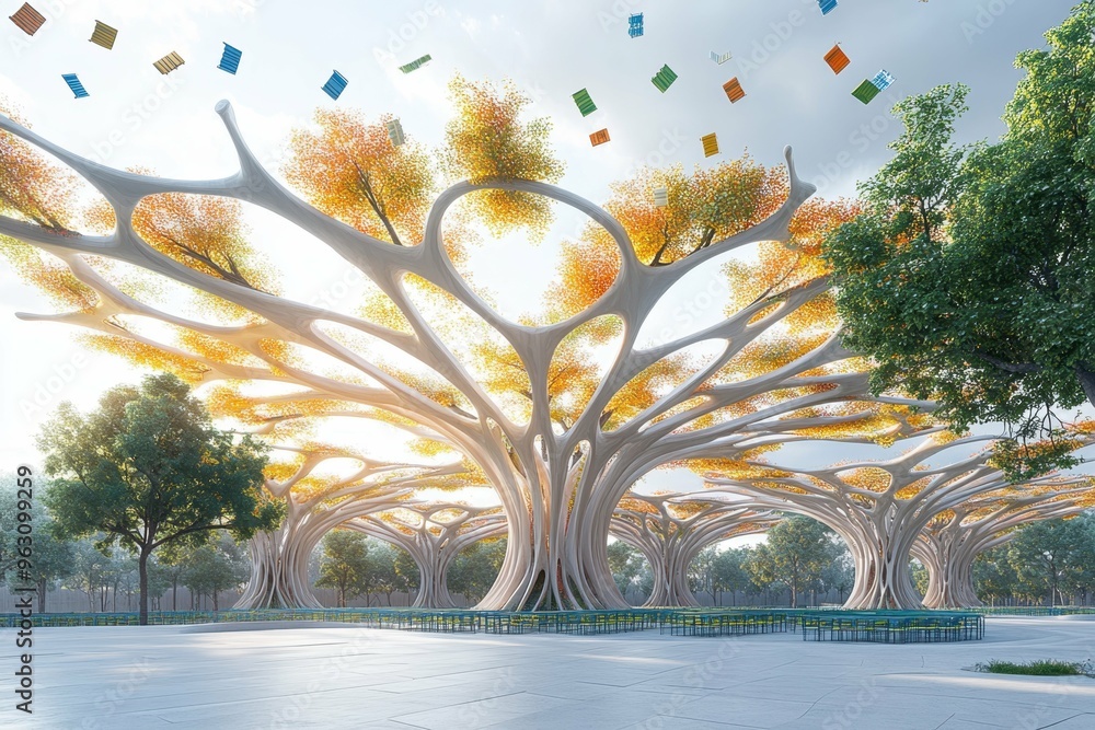 Poster a conceptual image of a large tree-like structure growing from the ground with classrooms as branche