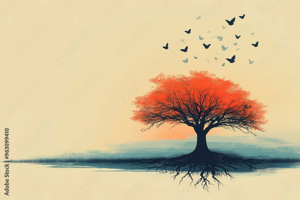 Poster a minimalist image of a tree with roots and branches, symbolizing the growth and development fostere
