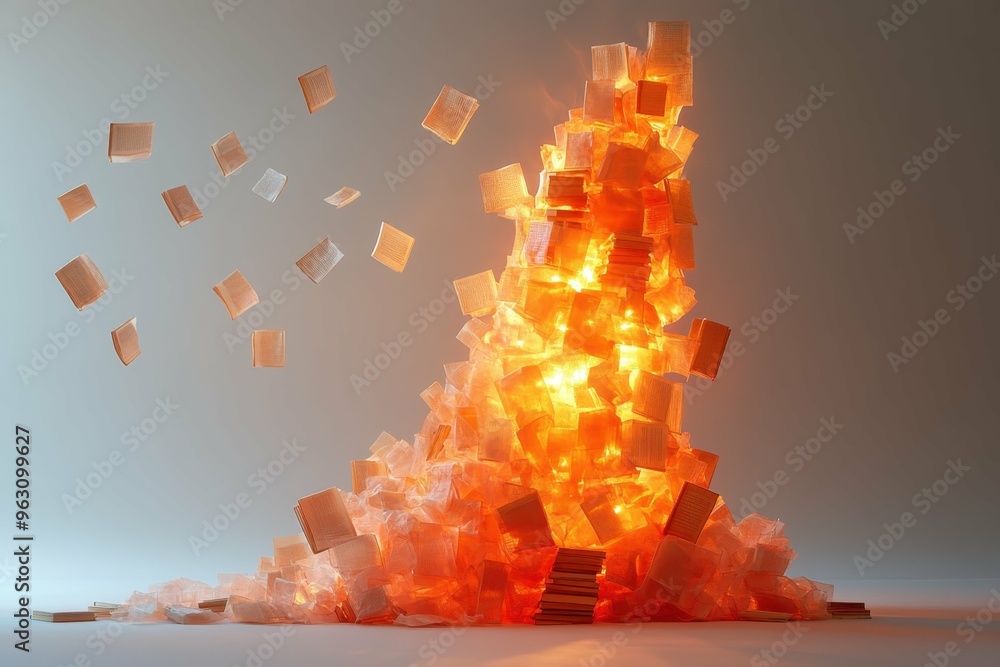Poster a towering structure made of books with light streaming through the gaps, symbolizing the pursuit of