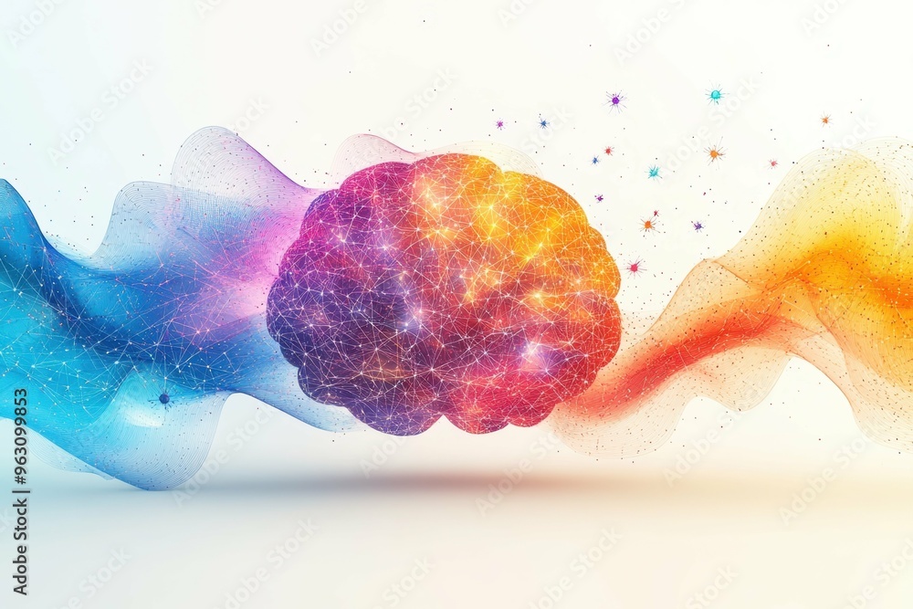 Poster an abstract representation of a brain filled with colorful interconnected lines, symbolizing creativ