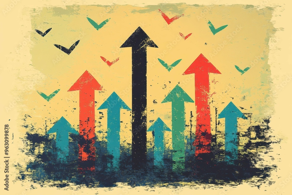 Poster a bold abstract representation of arrows pointing upwards, symbolizing growth and progress in charte