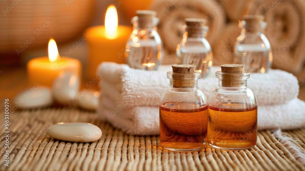 Poster two small glass bottles filled with oil