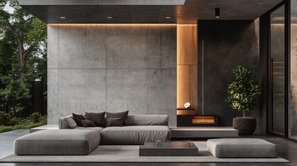 Modern Minimalist Living Room Design with Concrete Walls and Grey Sofa