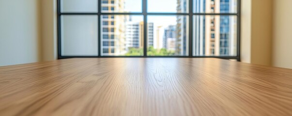 Bright interior space with wooden floor and large windows showcasing a modern city view.