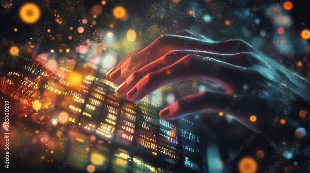 Poster digital interface: a hand interacts with a futuristic digital interface, illuminating the screen wit