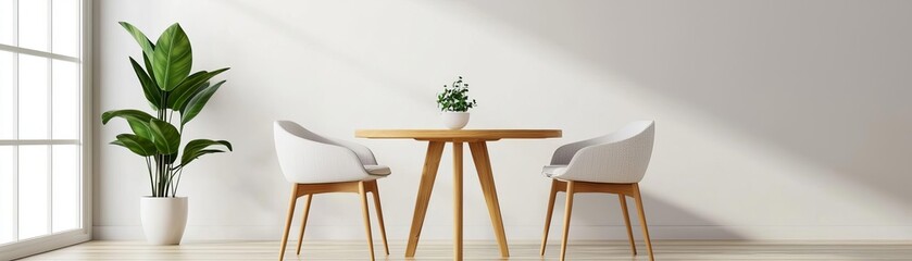 Bright and modern interior featuring a minimalistic dining area with a wooden table and stylish chairs by a large window.
