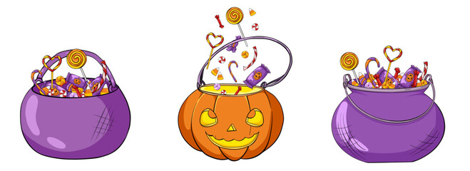 Halloween buckets full of candies. Spooky face Pumpkin Bag and cauldrons with lollipops, sweets, candy. Trick or treat Basket. Vector cartoon illustration isolated on white