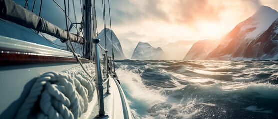 Sailboat on the sea, ocean. Sailing through the waves.