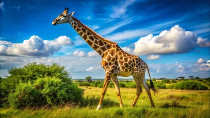 Obraz premium The shaggy-coated giant moves across the savannah, its massive body undulating, neck curving as it feeds on lush