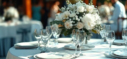 White flowers centerpiece on a table setting with glasses, plates, and silverware. A beautiful decoration for a special occasion or event.