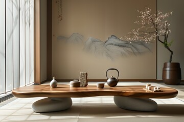 A wooden coffee table with a unique design sits on two oval-shaped cushions, surrounded by various objects, including a teapot, teacups, and a vase.