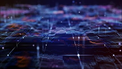 Flying through futuristic digital geology terrain, digital data telemetry and engineer topography with contour lines. 3D wireframe cartography concept.  - Powered by Adobe