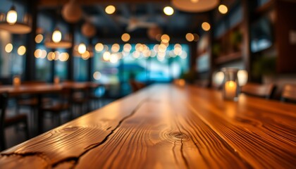 Wooden table in a restaurant with bokeh lights in the background.