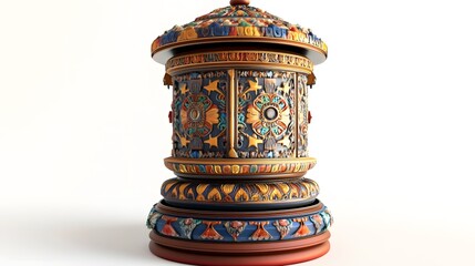 11. "A 3D render of a Tibetan prayer wheel, elaborately decorated with colorful symbols and textures, set against a white backdrop.