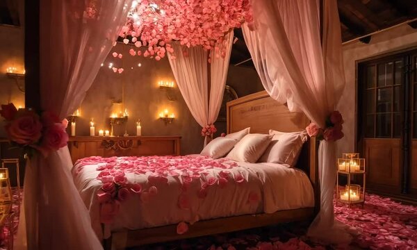 bedroom with flowers for wedding on background
