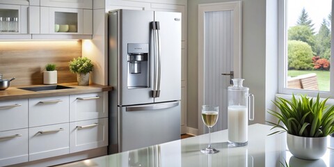 Fototapeta premium * This modern white fridge features a cutting-edge door design with a built-in water filtration system and glass