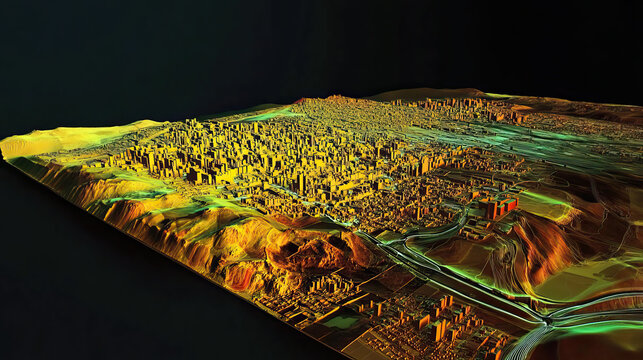 Technical aerial visual, 3D LiDAR GIS aerial map satellite scan model isolated, showing Lima, Peru . Elevation, topography, render