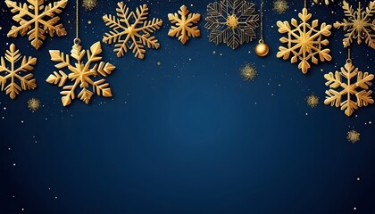 Navy blue and gold Christmas background with snowflakes and gold sequins
