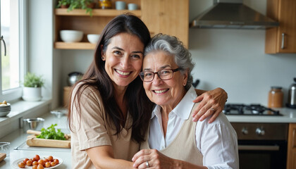 A middle-aged Caucasian woman with short gray hair and an elderly Caucasian woman with long dark hair embracing and smiling in a kitchen setting